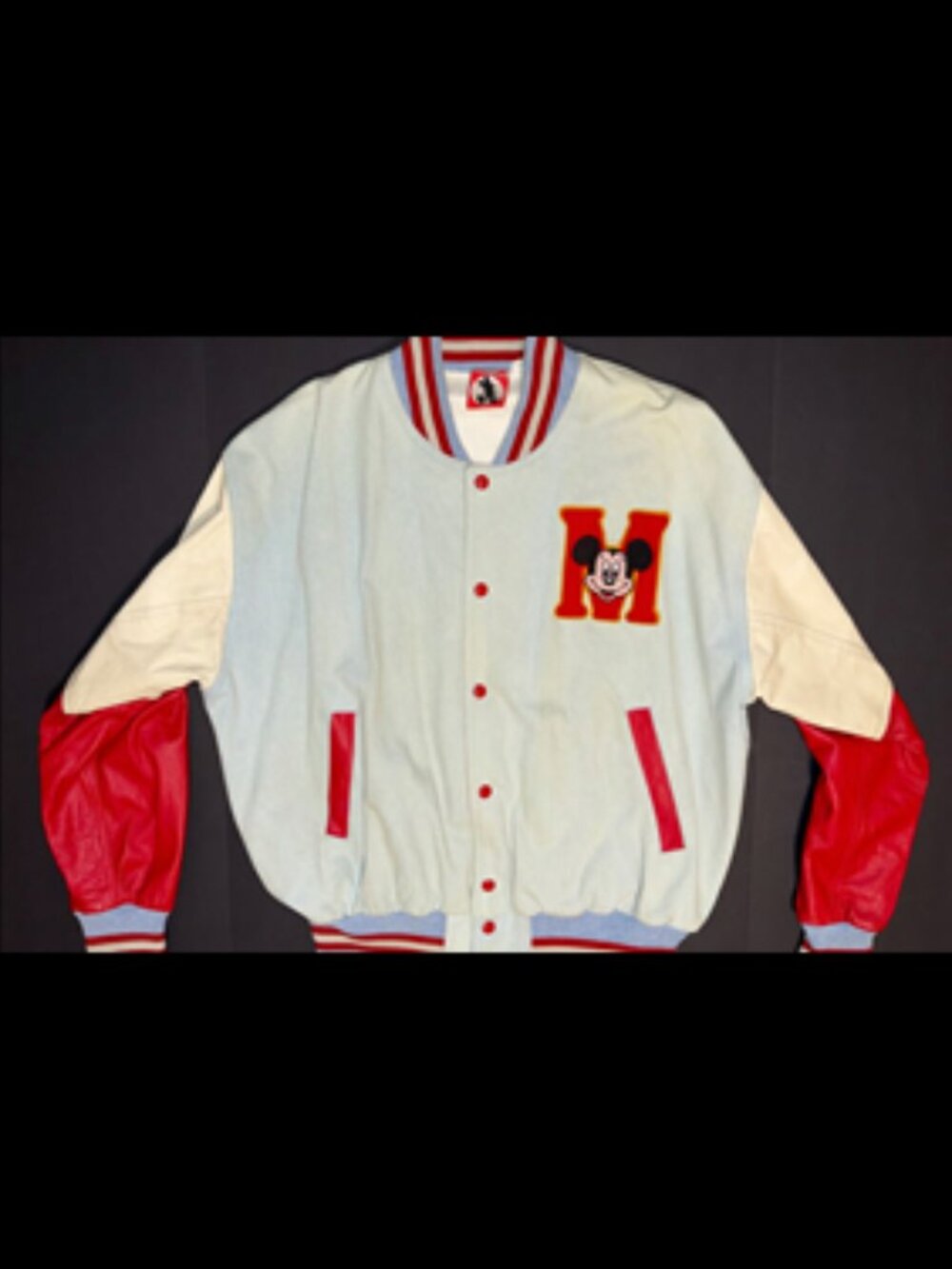 Vintage Disney Parks Mickey Denim Leather Varsity Jacket Size SMALL Blue Red